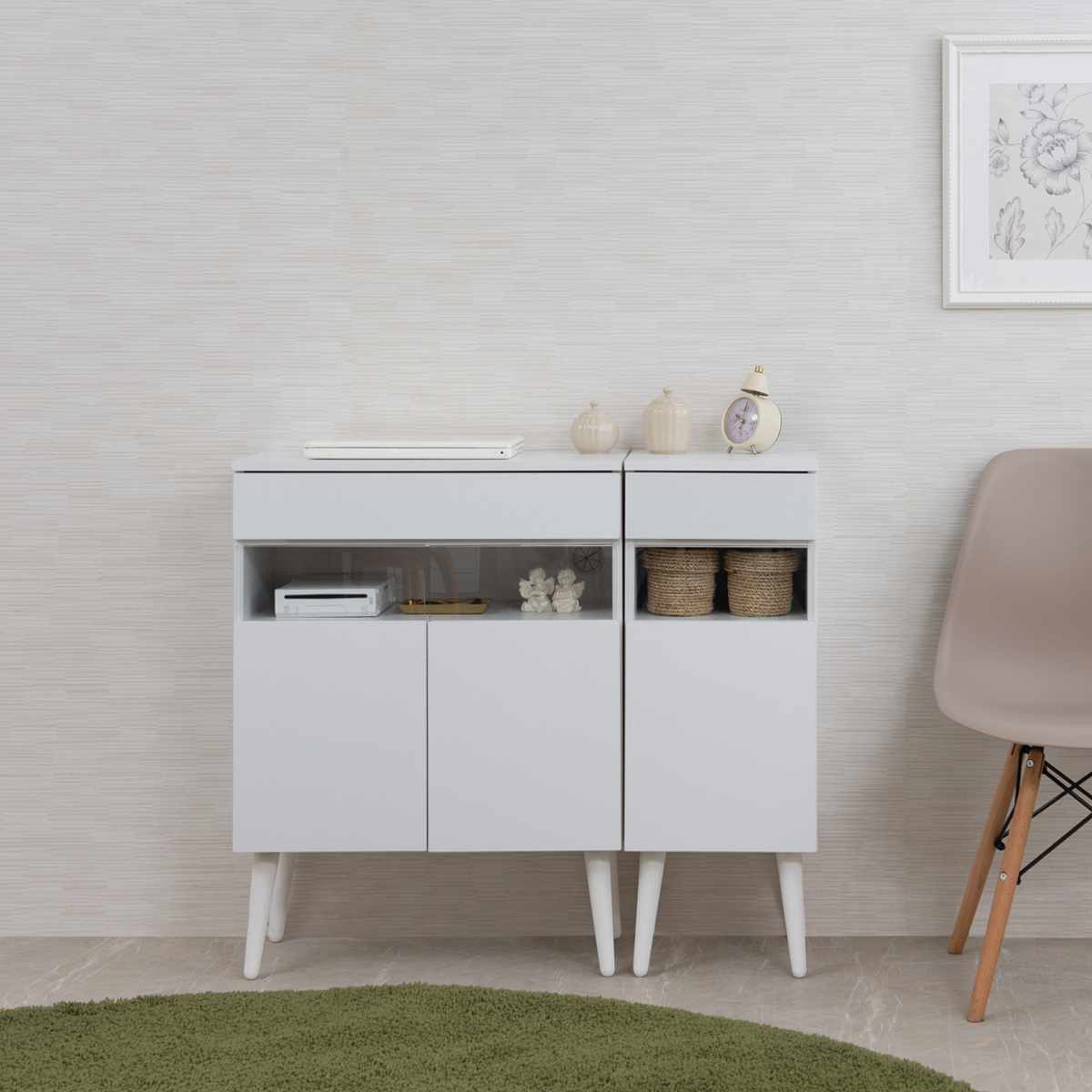 ルーター収納 幅60cm ファックス台 ホワイトリビング ( 棚 ラック 収納 ルーター モデム収納 家具 ディスプレイ 引き出し ケーブル収納 可動棚 モデム サイドボード サイドキャビネット シェルフ ホワイト )