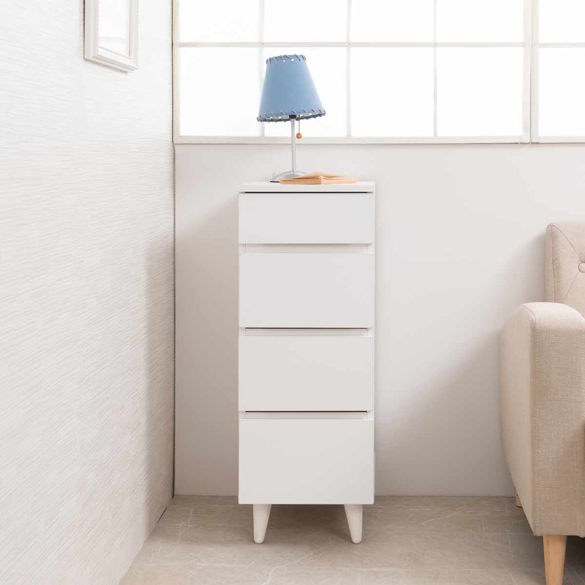 スリムチェスト 幅30cm 4段 ホワイトリビング ( チェスト 棚 ラック 収納 家具 ディスプレイ 引き出し 4杯 サイドボード サイドチェスト リビング収納 シェルフ 引出し ホワイト )