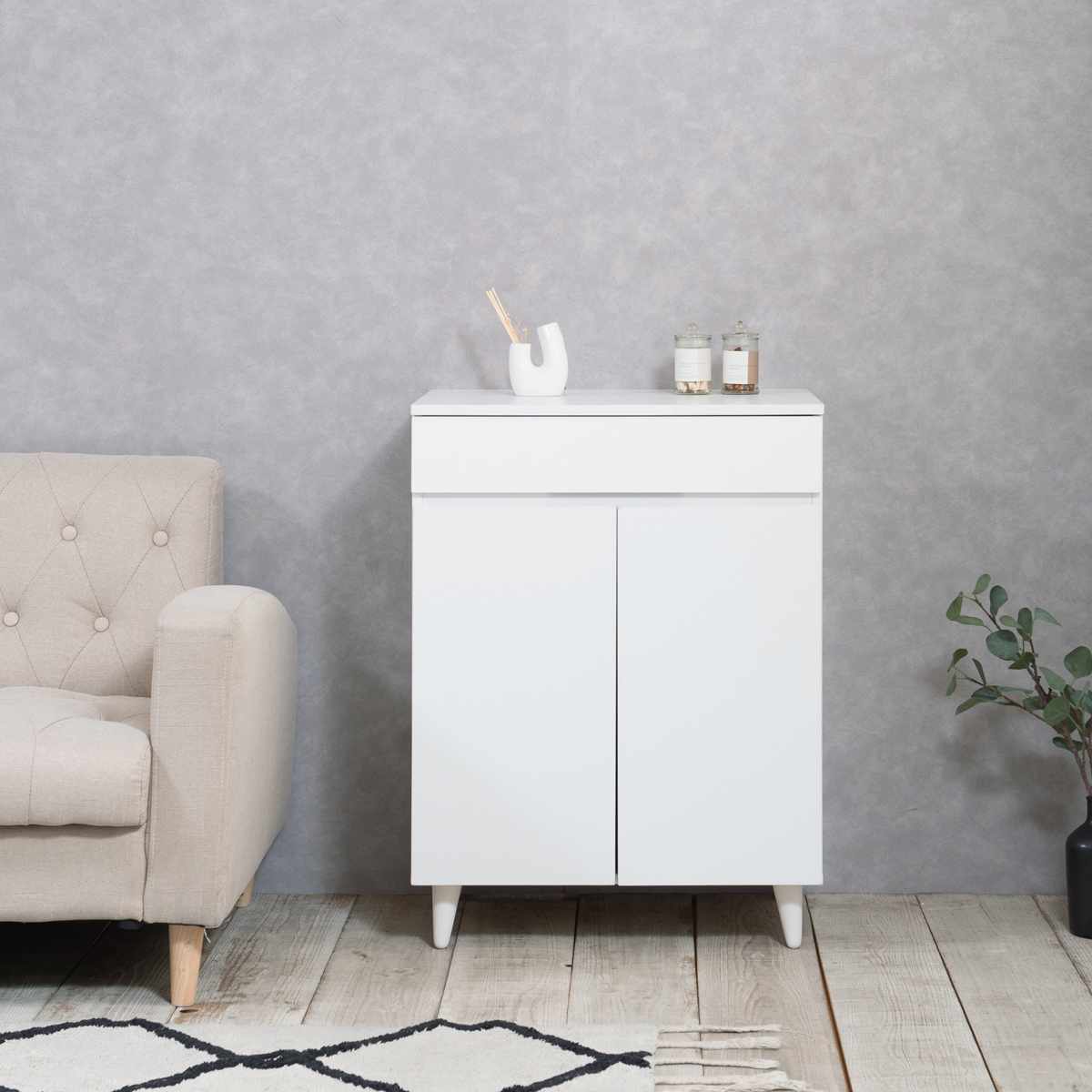 サイドボード 幅60cm 2枚扉 ホワイトリビング ( 食器棚 棚 ラック 収納 家具 カップボード 引き出し キッチン リビング収納 シェルフ 引出し 可動棚 ホワイト )