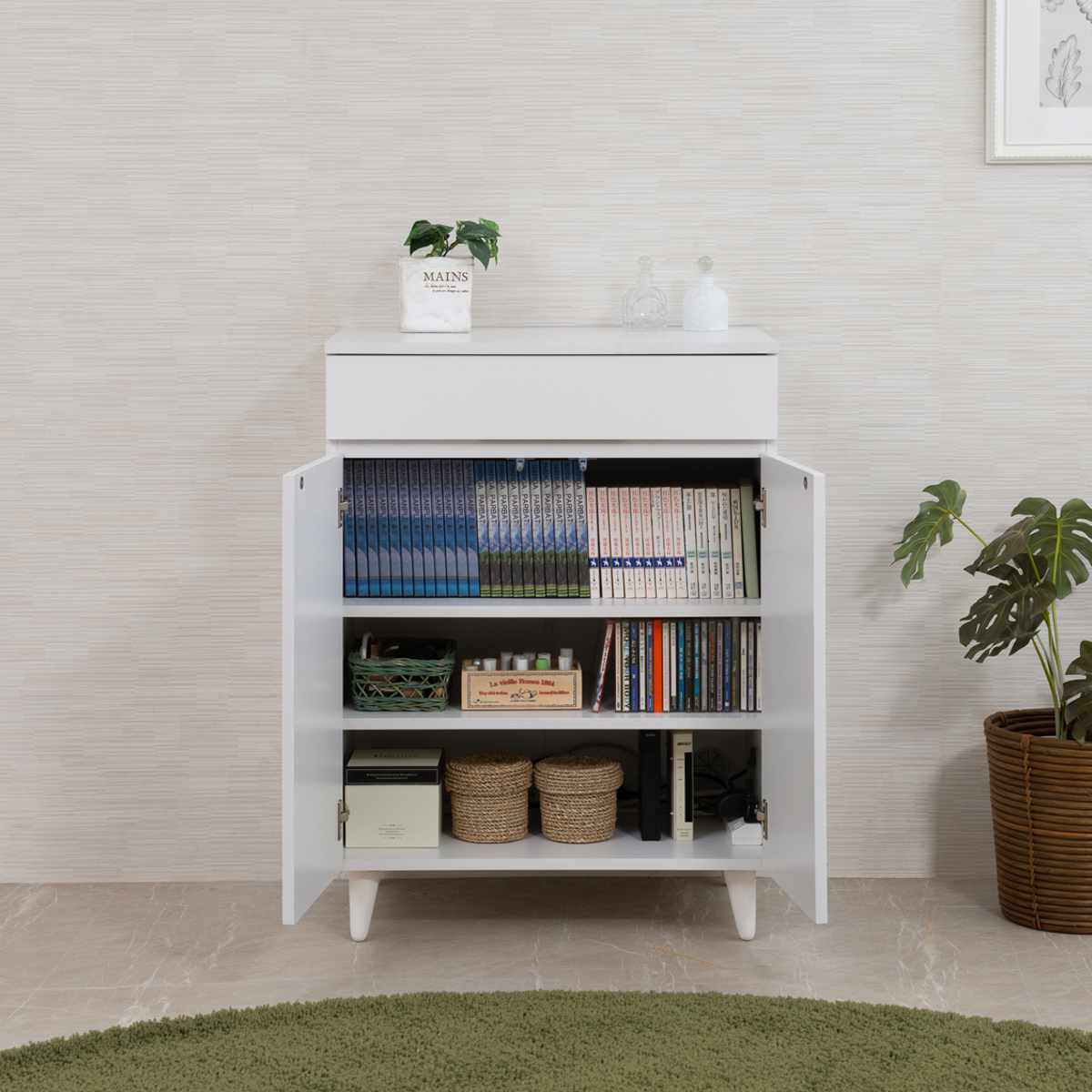 サイドボード 幅60cm 2枚扉 ホワイトリビング ( 食器棚 棚 ラック 収納 家具 カップボード 引き出し キッチン リビング収納 シェルフ 引出し 可動棚 ホワイト )