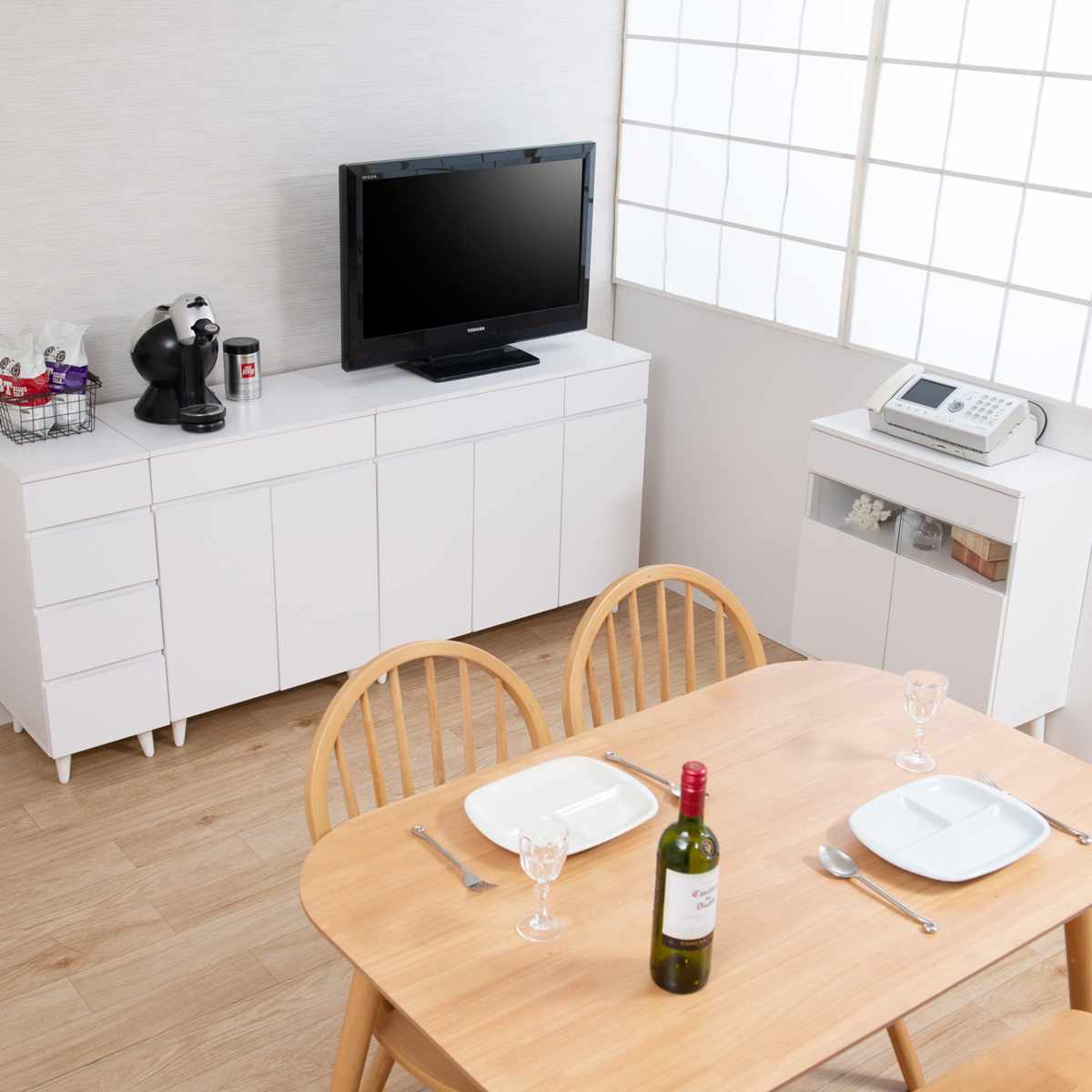 サイドボード 幅60cm 2枚扉 ホワイトリビング ( 食器棚 棚 ラック 収納 家具 カップボード 引き出し キッチン リビング収納 シェルフ 引出し 可動棚 ホワイト )