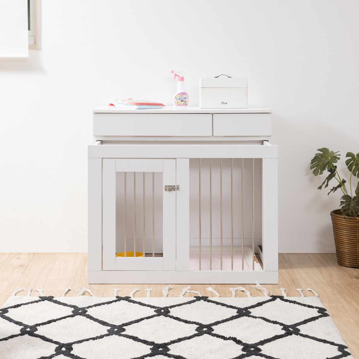 ペットケージ 幅90cm キャビネット ホワイトリビング ( ペット家具 ケージ 家具 収納 引き出し 収納ラック 鍵付 ペット用品 ペットベッド 背面化粧 拡張 )