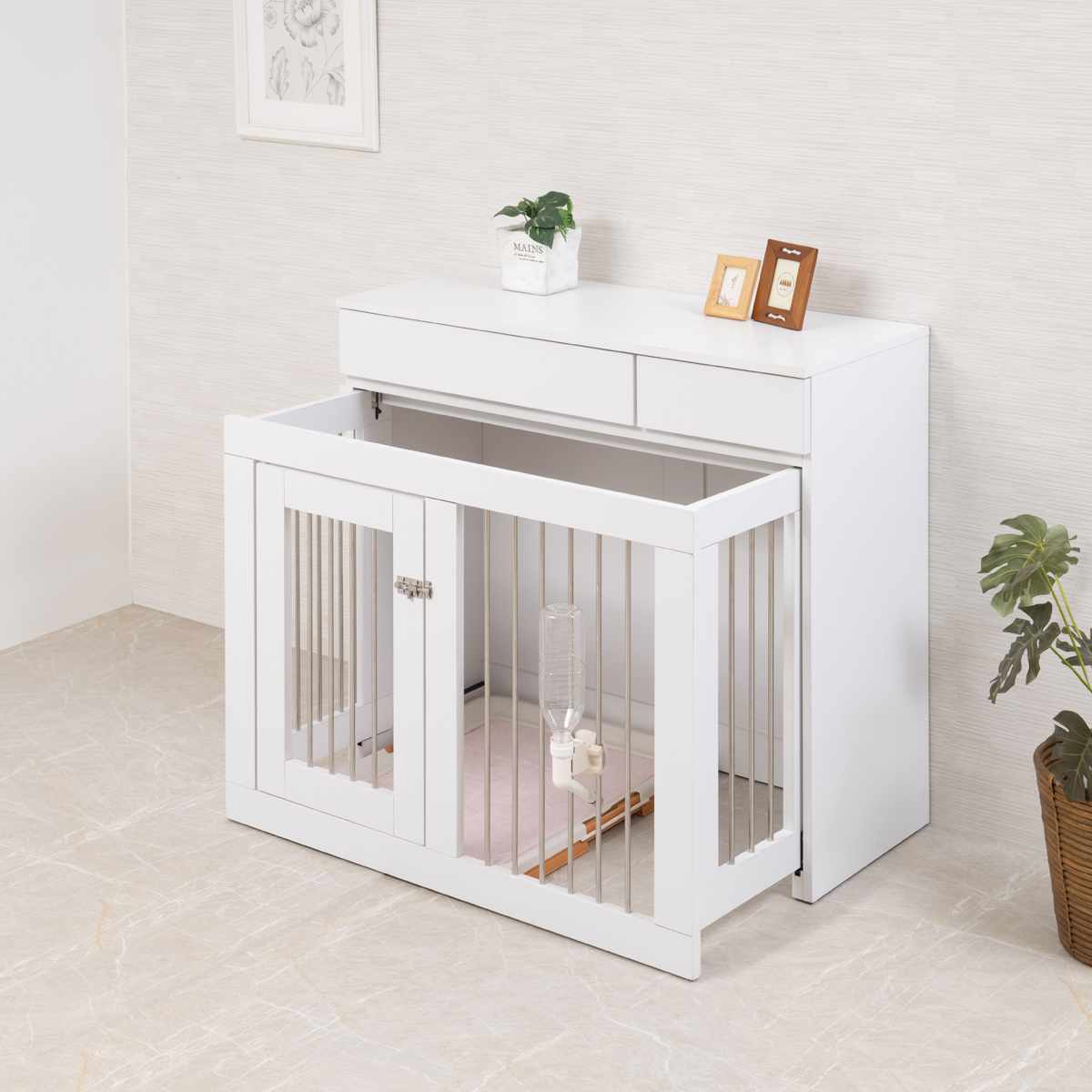 ペットケージ 幅90cm キャビネット ホワイトリビング ( ペット家具 ケージ 家具 収納 引き出し 収納ラック 鍵付 ペット用品 ペットベッド 背面化粧 拡張 )