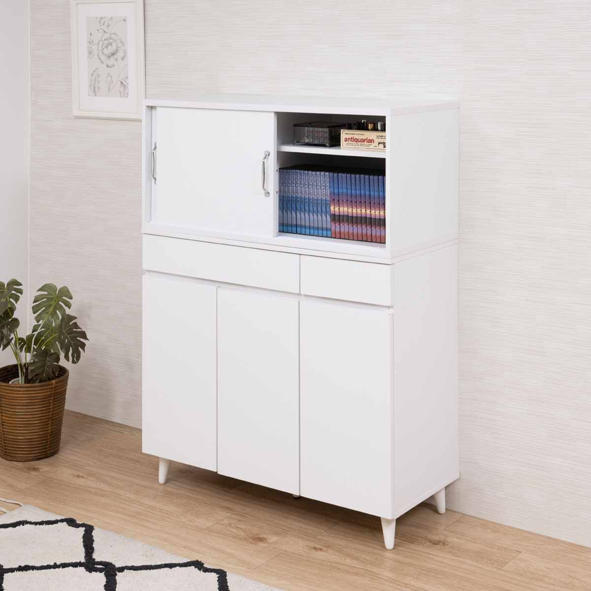 上置き棚 幅90cm 引戸式 ホワイトリビング ( 上置き 収納 家具 組み合わせ 引き戸 可動棚 追加 ローボード テレビ台 背面化粧 )