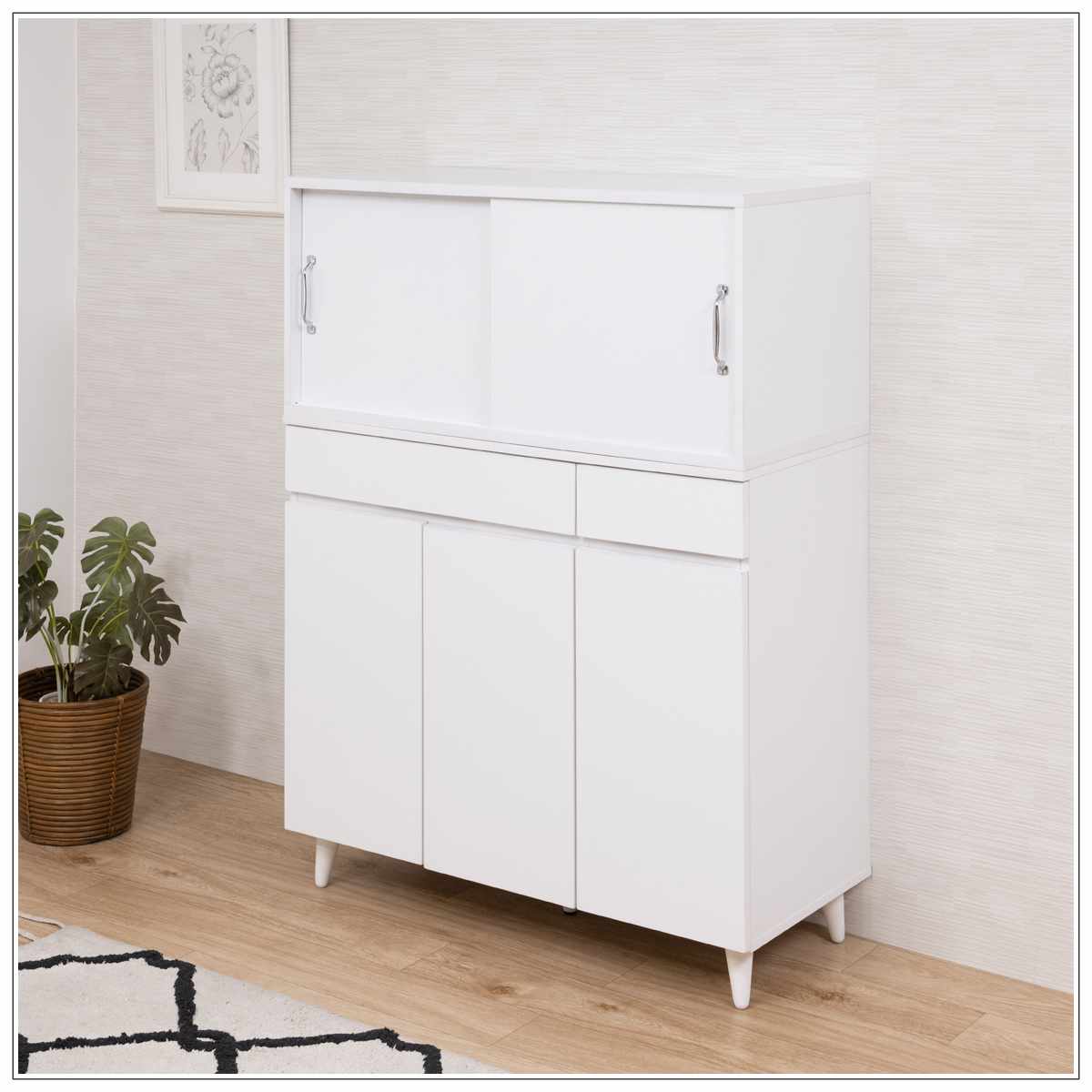 上置き棚 幅90cm 引戸式 ホワイトリビング ( 上置き 収納 家具 組み合わせ 引き戸 可動棚 追加 ローボード テレビ台 背面化粧 )