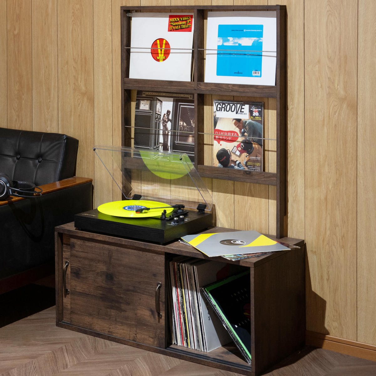 壁面レコードラック 幅74.5cm 4マス ブラウン ( レコードラック 壁面 ラック 棚 ディスプレイ 収納 飾り棚 壁面収納 Arizona レコード収納 省スペース )