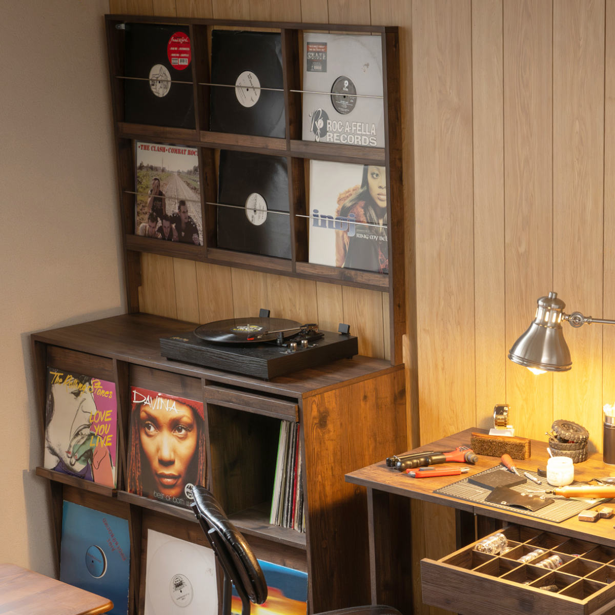 壁面レコードラック 幅111cm 6マス ブラウン ( レコードラック 壁面 ラック 棚 ディスプレイ 収納 飾り棚 壁面収納 Arizona レコード収納 省スペース )