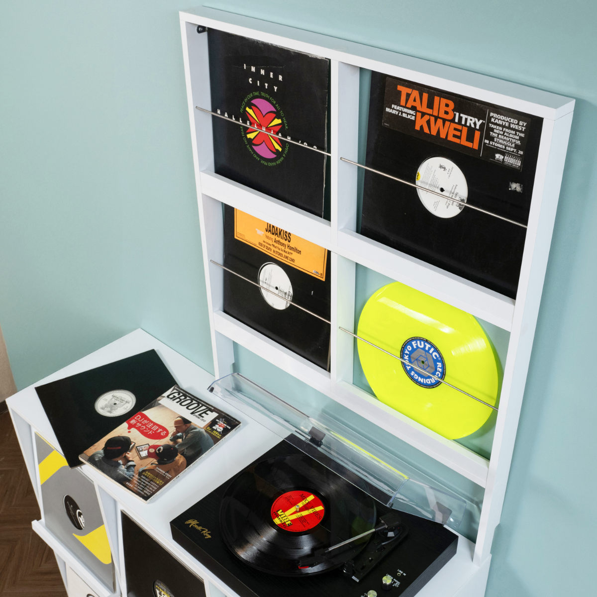 壁面レコードラック 幅74.5cm 4マス ホワイト ( レコードラック 壁面 ラック 棚 ディスプレイ 収納 飾り棚 壁面収納 FORCE レコード収納 省スペース )