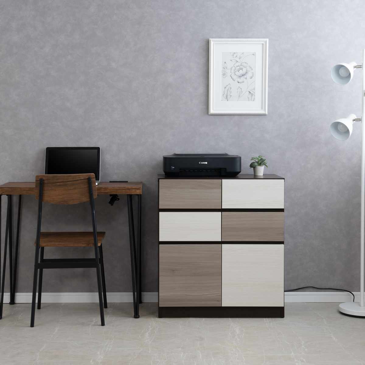 キャビネット 幅70cm グレートーン 日本製 完成品 ( 棚 ラック スクエア バイカラーA4対応 2段4杯 グレー A4サイズ シンプル 配線穴 スライドレール )