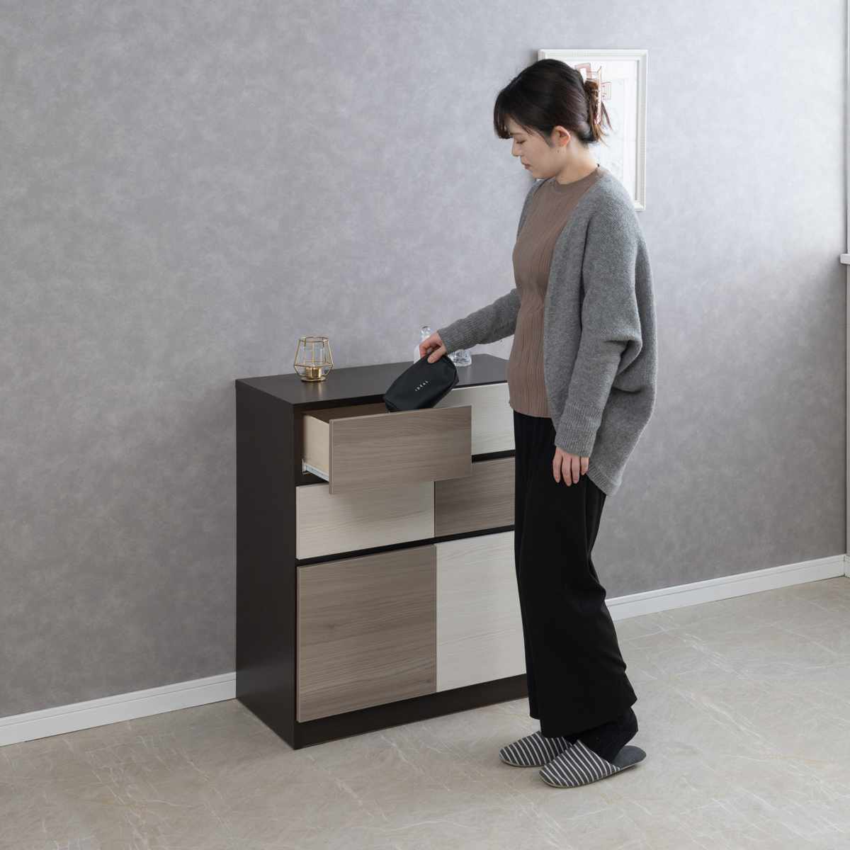 キャビネット 幅70cm グレートーン 日本製 完成品 ( 棚 ラック スクエア バイカラーA4対応 2段4杯 グレー A4サイズ シンプル 配線穴 スライドレール )