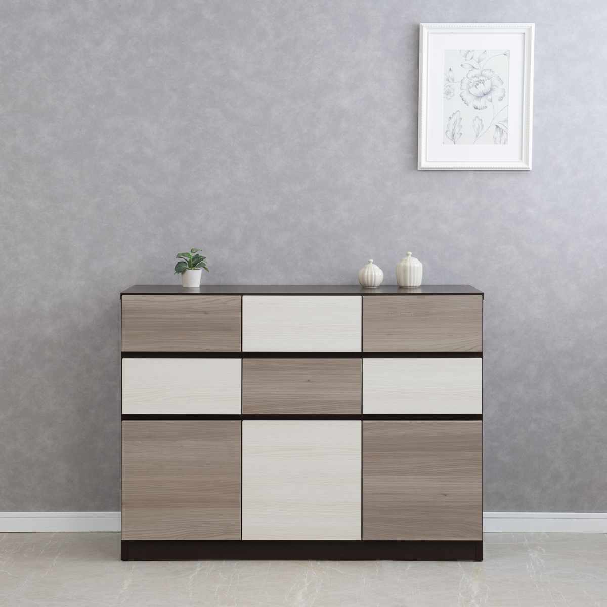 キャビネット 幅104.5cm グレートーン 日本製 完成品 ( 棚 ラック スクエア バイカラーA4対応 2段6杯 グレー A4サイズ シンプル 配線穴 スライドレール )