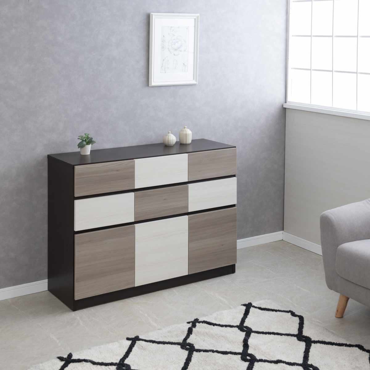 キャビネット 幅104.5cm グレートーン 日本製 完成品 ( 棚 ラック スクエア バイカラーA4対応 2段6杯 グレー A4サイズ シンプル 配線穴 スライドレール )