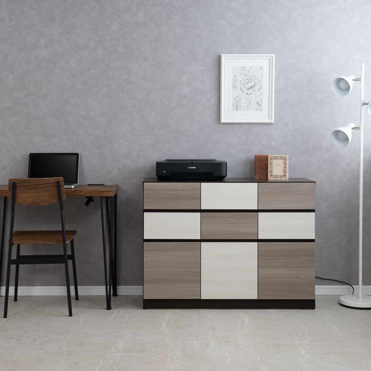 キャビネット 幅104.5cm グレートーン 日本製 完成品 ( 棚 ラック スクエア バイカラーA4対応 2段6杯 グレー A4サイズ シンプル 配線穴 スライドレール )