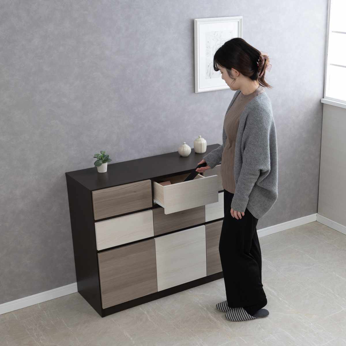 キャビネット 幅104.5cm グレートーン 日本製 完成品 ( 棚 ラック スクエア バイカラーA4対応 2段6杯 グレー A4サイズ シンプル 配線穴 スライドレール )