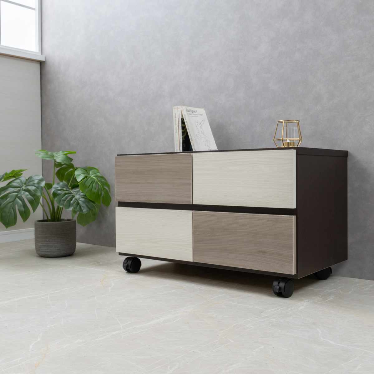 チェスト 幅70cm グレートーン キャスター付 日本製 完成品 ( 棚 ラック スクエア バイカラーA4対応 2段4杯 グレー A4サイズ シンプル キャビネット テレビ台 スライドレール )