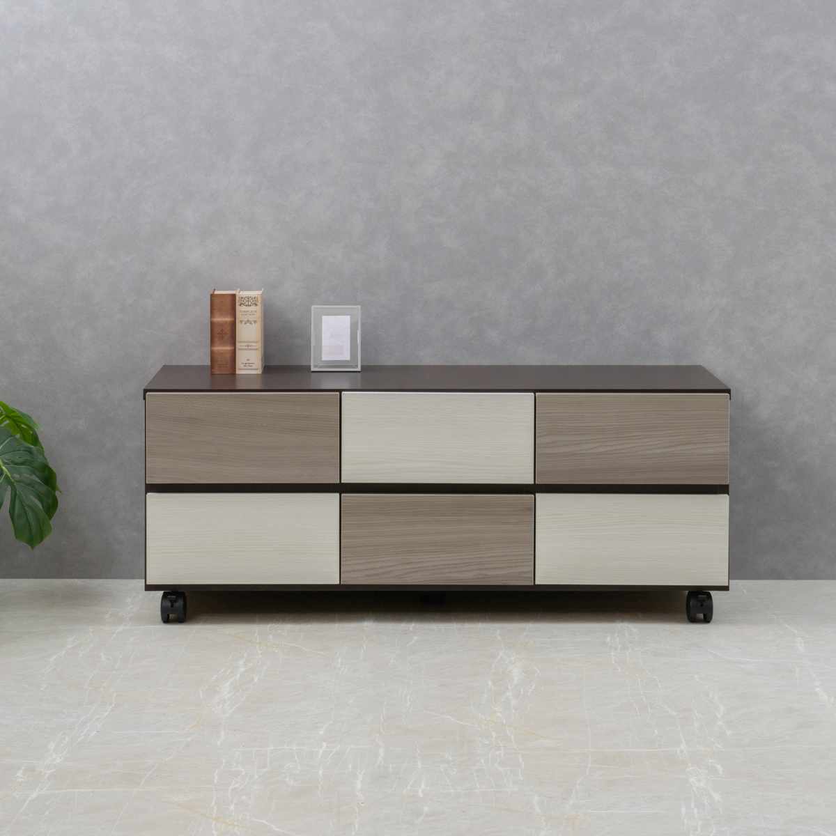 チェスト 幅104.5cm グレートーン キャスター付 日本製 完成品 ( 棚 ラック スクエア バイカラーA4対応 2段6杯 グレー A4サイズ シンプル キャビネット テレビ台 スライドレール )