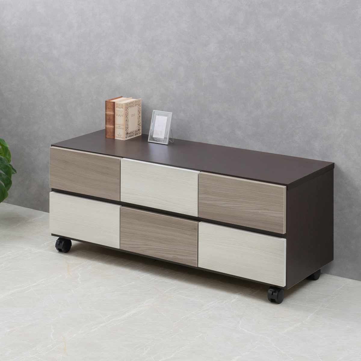 チェスト 幅104.5cm グレートーン キャスター付 日本製 完成品 ( 棚 ラック スクエア バイカラーA4対応 2段6杯 グレー A4サイズ シンプル キャビネット テレビ台 スライドレール )