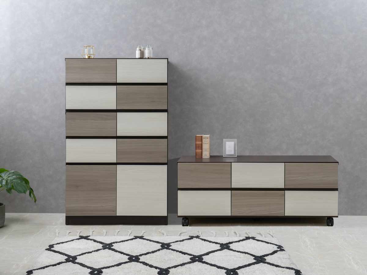 チェスト 幅104.5cm グレートーン キャスター付 日本製 完成品 ( 棚 ラック スクエア バイカラーA4対応 2段6杯 グレー A4サイズ シンプル キャビネット テレビ台 スライドレール )