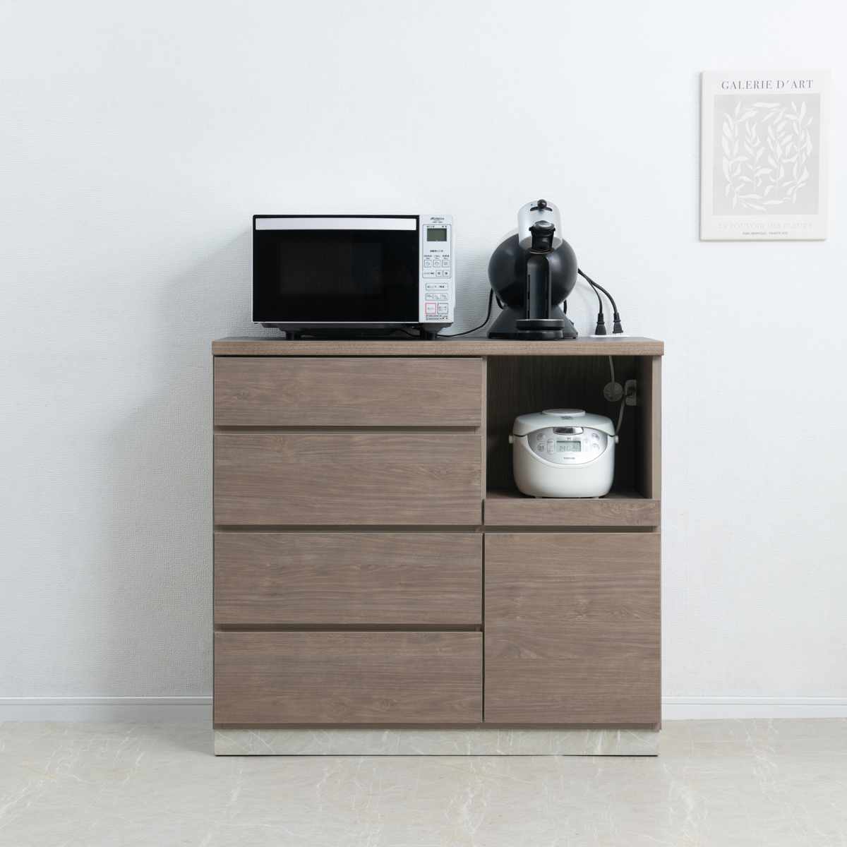 キッチンカウンター 幅100cm スライド棚 2口コンセント 背面化粧 日本製 完成品 ( カウンター キッチン 収納 スライドレール 間仕切り 引き出し 4杯 コンセント付 ナチュラル グレージュ シンプル ) 【ナチュラル】 ナチュラル