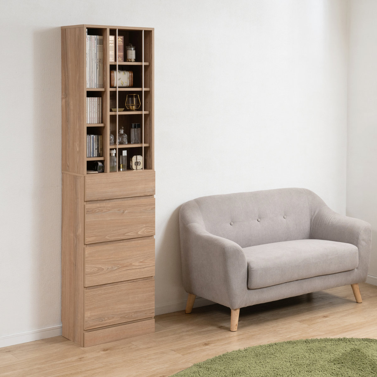 本棚 幅45.5cm 大容量収納 引き出し付き ディスプレイ ( コミックラック 引き出し 4段 コンパクト 可動棚 収納棚 リビング収納 玄関収納 キッチン収納 書斎 収納家具 木目調 ホワイト ) 【ホワイト】 ホワイト