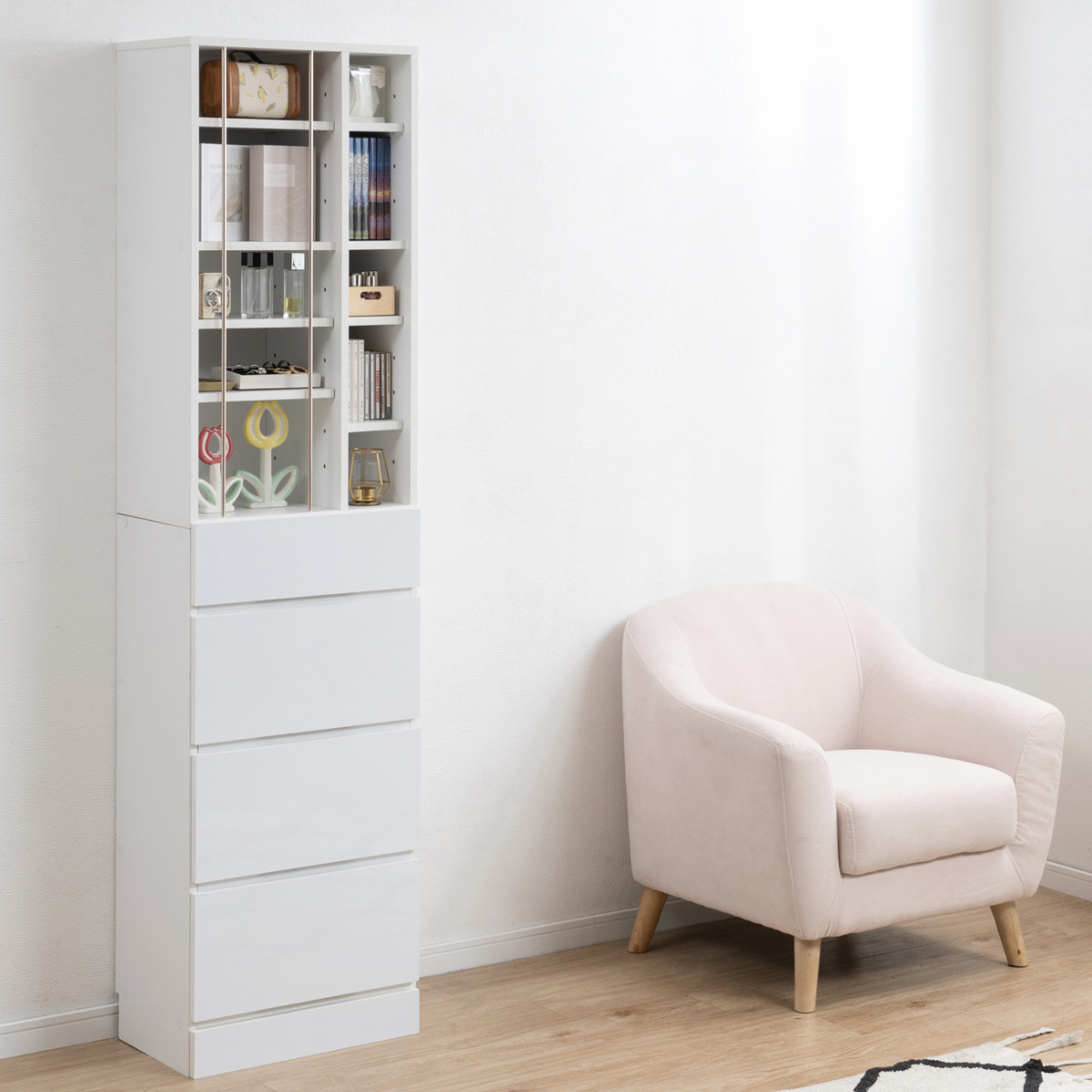 本棚 幅45.5cm 大容量収納 引き出し付き ディスプレイ ( コミックラック 引き出し 4段 コンパクト 可動棚 収納棚 リビング収納 玄関収納 キッチン収納 書斎 収納家具 木目調 ホワイト ) 【ホワイト】 ホワイト