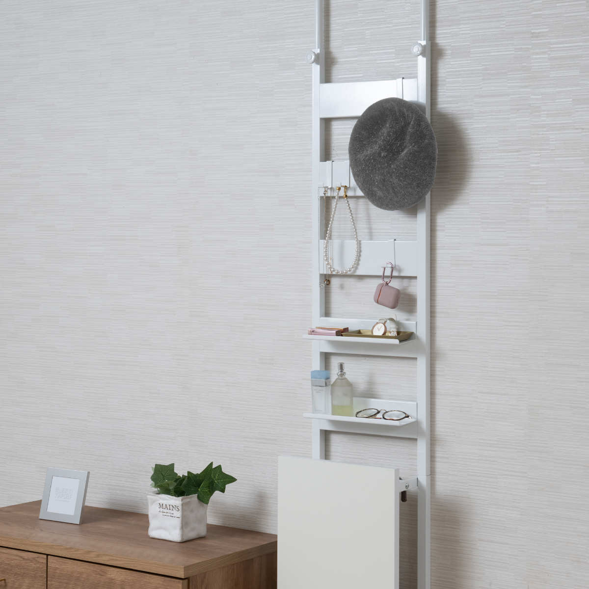 突っ張り 玄関収納 ラダーラック 幅30cm 傘立て ( 大理石調 ホワイト アンブレラスタンド スリム コンパクト 玄関 小物収納 レインスタンド 収納 傘 省スペース つっぱり おしゃれ ) 【ホワイト】 ホワイト