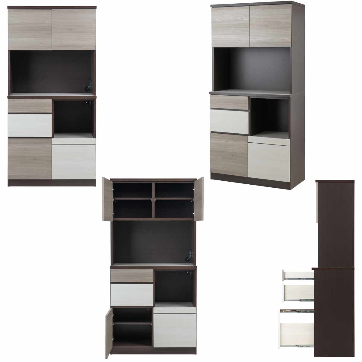 キッチンボード 幅90cm スリートーン フルスライドレール 日本製 ( 食器棚 ブラック 木目調 可動棚 家電 レンジ台 キッチン収納 スライド棚 3口コンセント 電子レンジ 炊飯器 黒 収納 90cm )