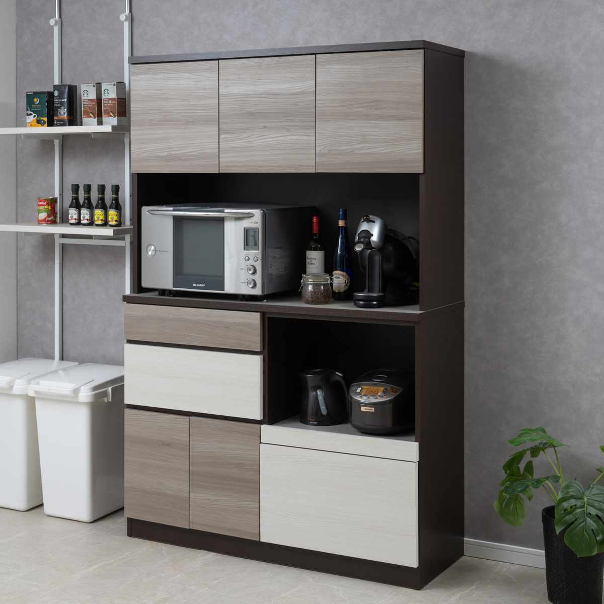 キッチンボード 幅120cm スリートーン フルスライドレール 日本製 ( 食器棚 ブラック 木目調 可動棚 家電 レンジ台 キッチン収納 スライド棚 4口コンセント 電子レンジ 炊飯器 黒 収納 120cm レンジラック )