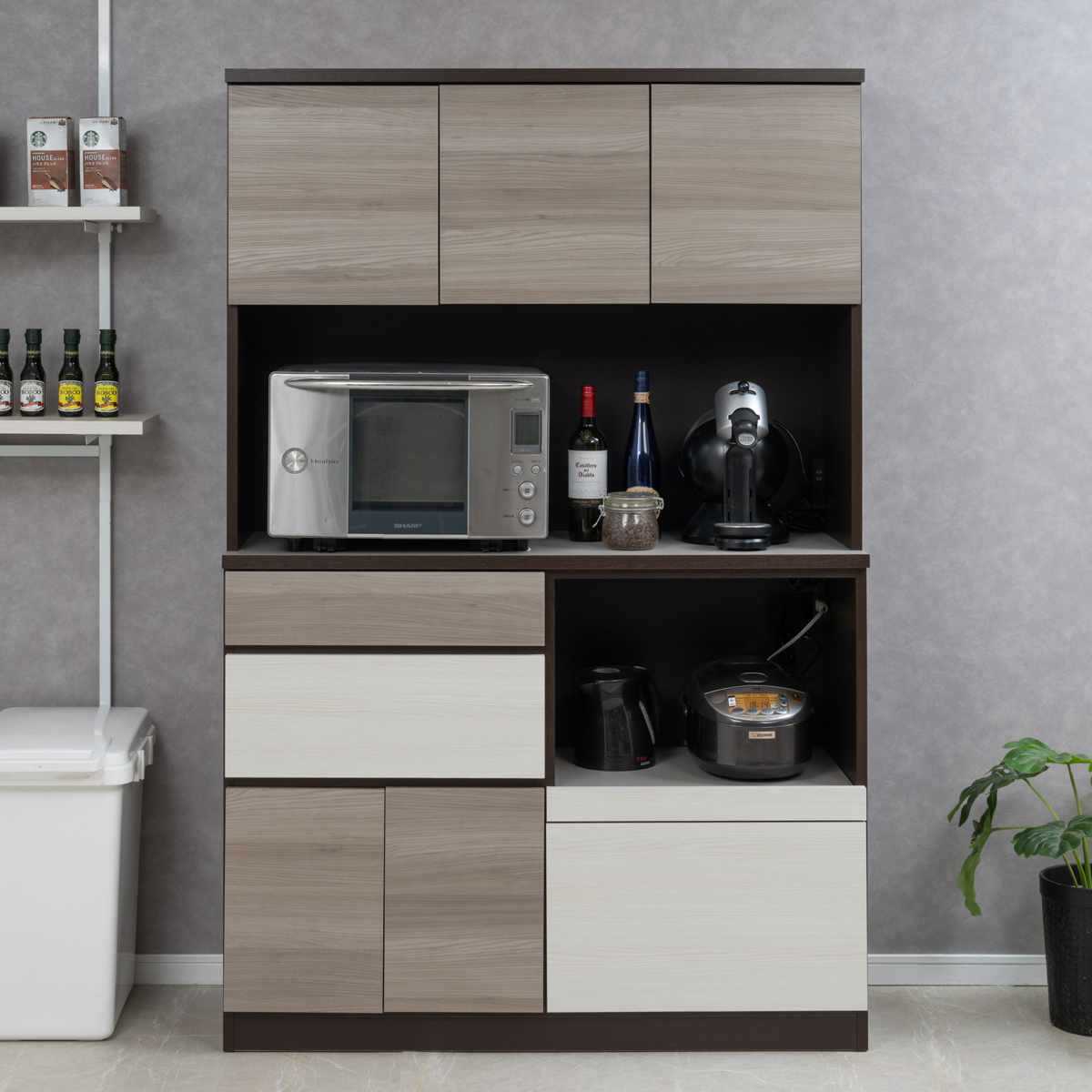 キッチンボード 幅120cm スリートーン フルスライドレール 日本製 ( 食器棚 ブラック 木目調 可動棚 家電 レンジ台 キッチン収納 スライド棚 4口コンセント 電子レンジ 炊飯器 黒 収納 120cm レンジラック )