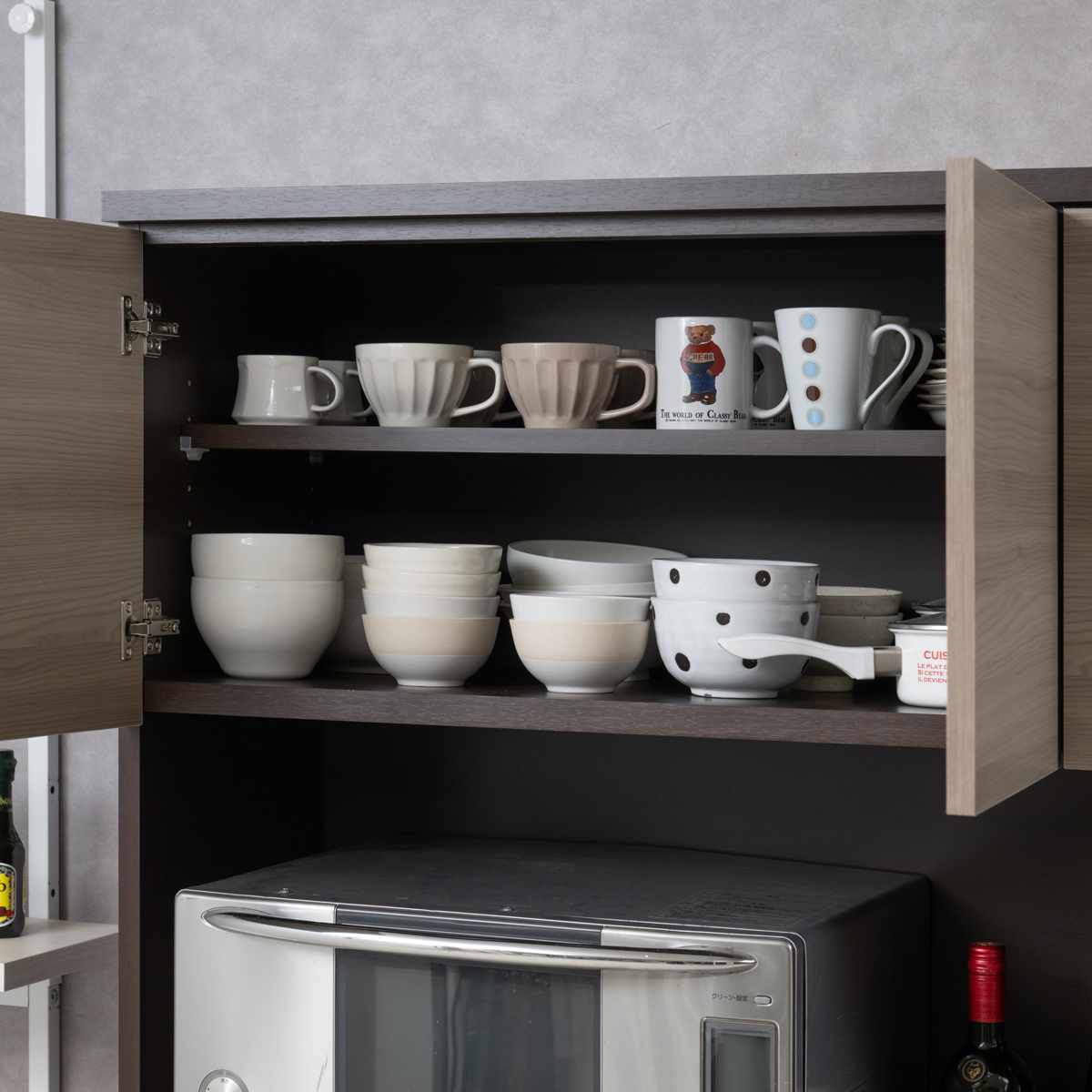 キッチンボード 幅120cm スリートーン フルスライドレール 日本製 ( 食器棚 ブラック 木目調 可動棚 家電 レンジ台 キッチン収納 スライド棚 4口コンセント 電子レンジ 炊飯器 黒 収納 120cm レンジラック )