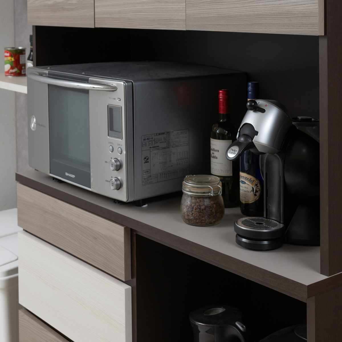 キッチンボード 幅120cm スリートーン フルスライドレール 日本製 ( 食器棚 ブラック 木目調 可動棚 家電 レンジ台 キッチン収納 スライド棚 4口コンセント 電子レンジ 炊飯器 黒 収納 120cm レンジラック )