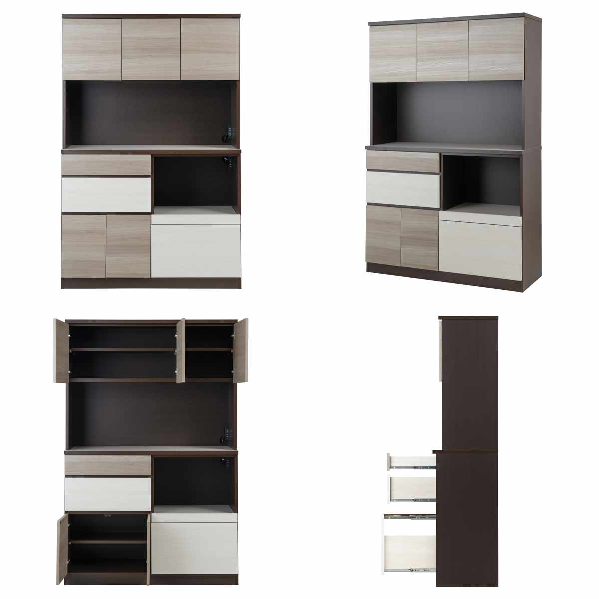 キッチンボード 幅120cm スリートーン フルスライドレール 日本製 ( 食器棚 ブラック 木目調 可動棚 家電 レンジ台 キッチン収納 スライド棚 4口コンセント 電子レンジ 炊飯器 黒 収納 120cm レンジラック )