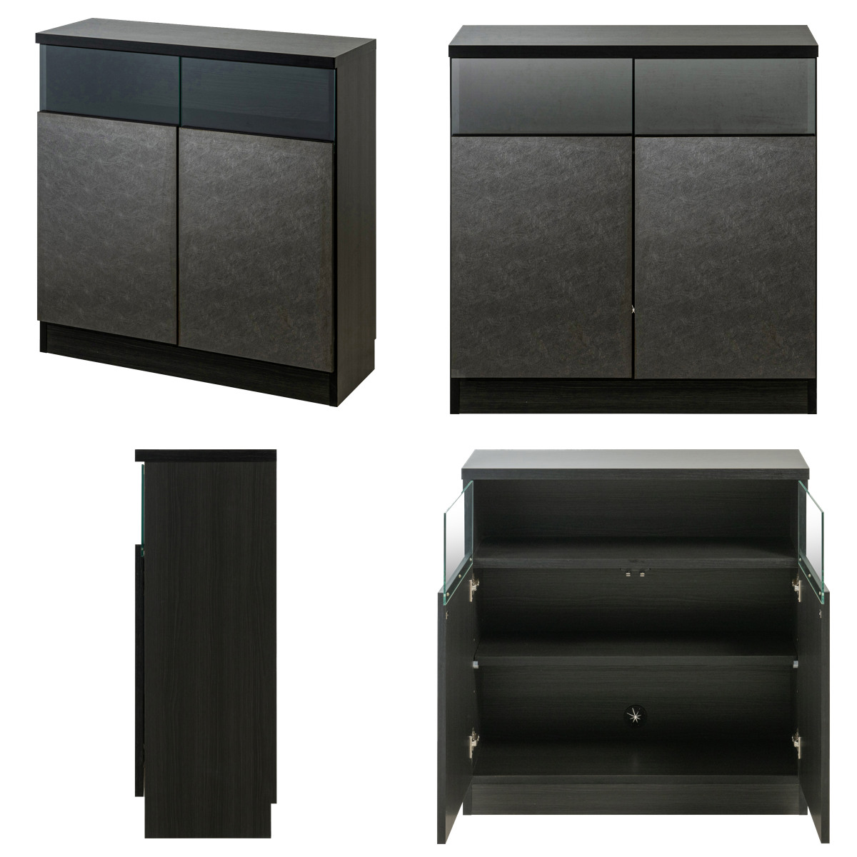 カウンター下収納 幅79cm キャビネット 日本製 完成品 ガラス窓 ( 棚 ラック メタリック カウンター下 可動棚 ルーター収納 ディスプレイ 窓下 組み合わせ 収納 家具 薄型 奥行スリム マットブラック グレー )