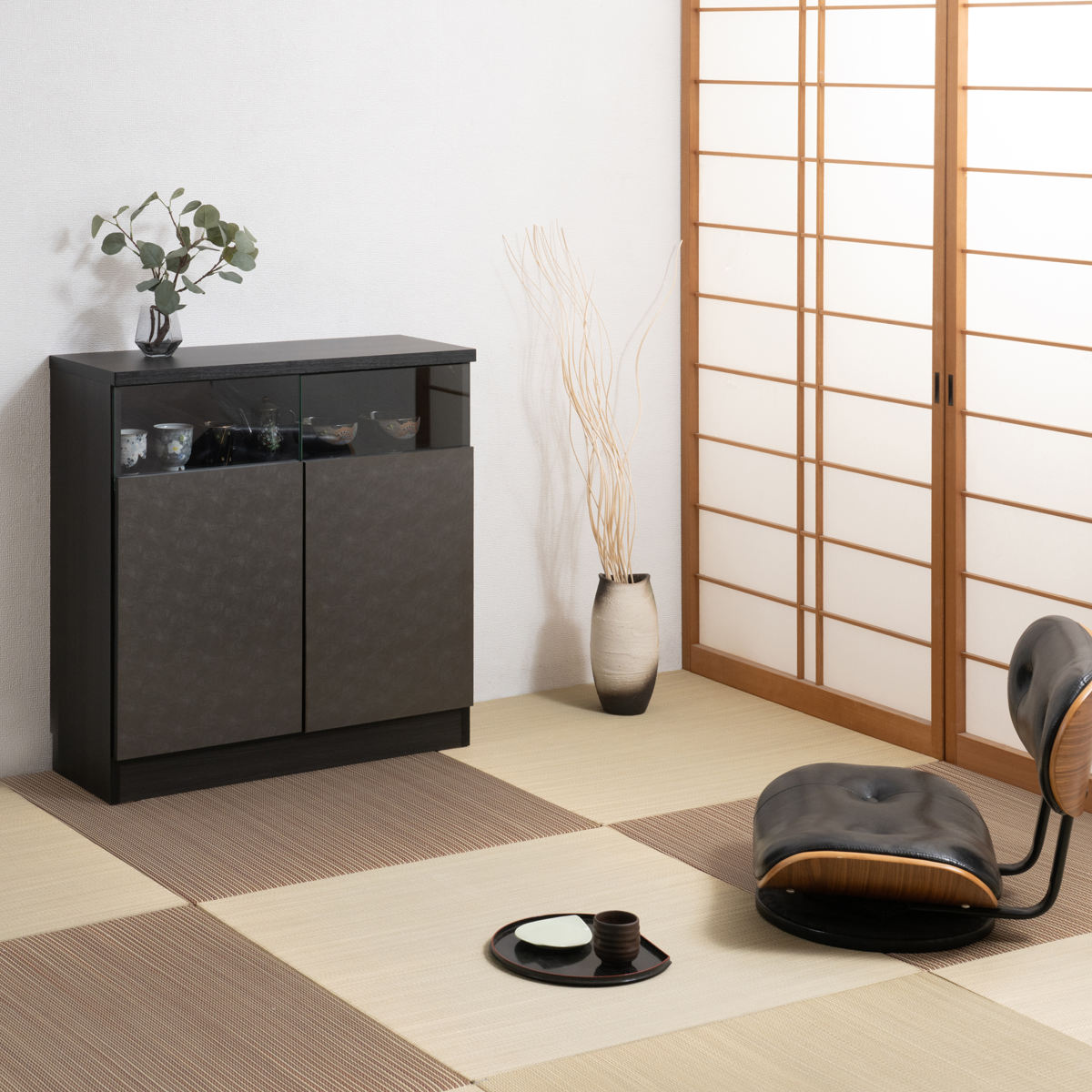 カウンター下収納 幅79cm キャビネット 日本製 完成品 ガラス窓 ( 棚 ラック メタリック カウンター下 可動棚 ルーター収納 ディスプレイ 窓下 組み合わせ 収納 家具 薄型 奥行スリム マットブラック グレー )