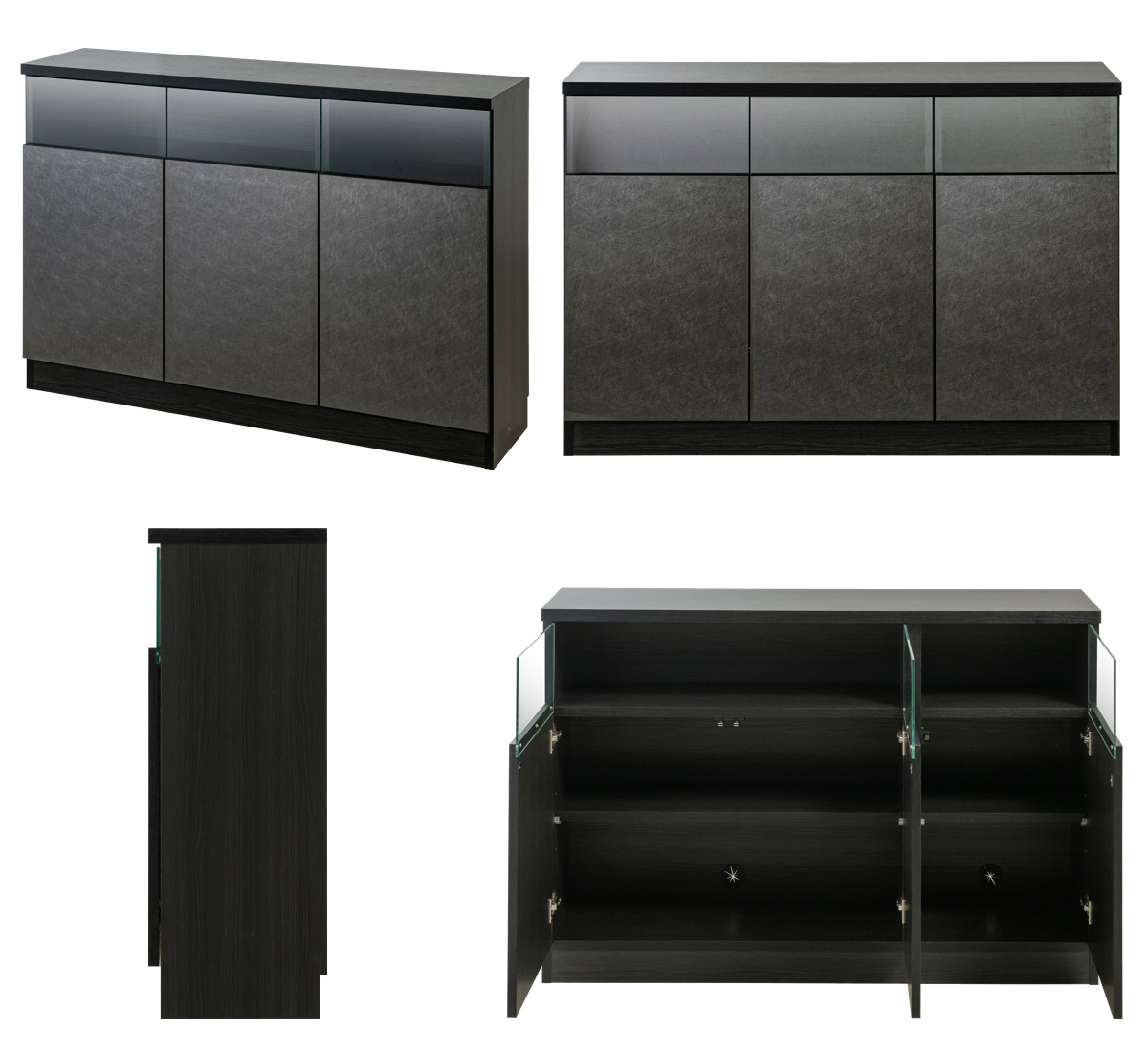 カウンター下収納 幅118cm キャビネット 日本製 完成品 ガラス窓 ( 棚 ラック メタリック カウンター下 可動棚 ルーター収納 ディスプレイ 窓下 組み合わせ 収納 家具 薄型 奥行スリム マットブラック グレー )