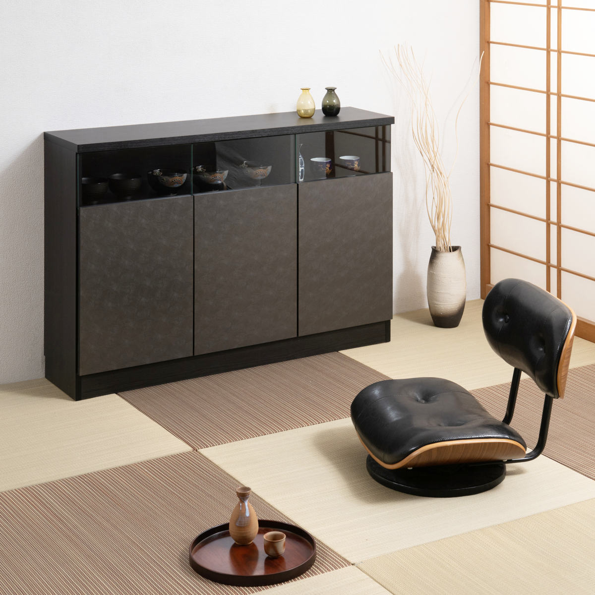 カウンター下収納 幅118cm キャビネット 日本製 完成品 ガラス窓 ( 棚 ラック メタリック カウンター下 可動棚 ルーター収納 ディスプレイ 窓下 組み合わせ 収納 家具 薄型 奥行スリム マットブラック グレー )