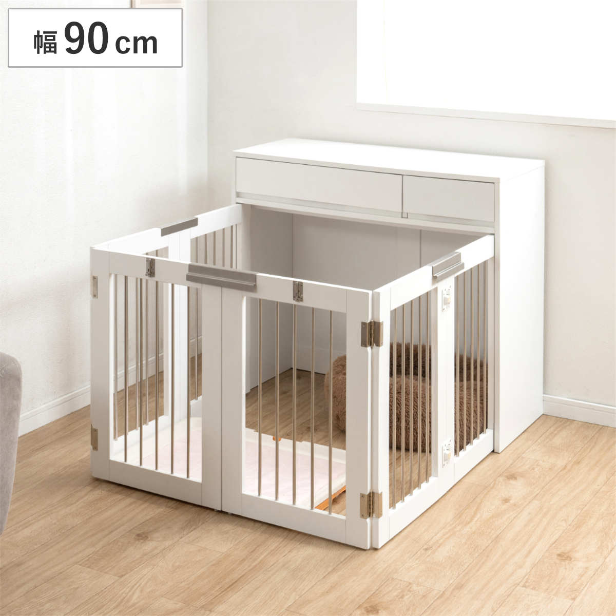 ペットケージ 幅90cm 折りたたみ ダブルサイズ 奥行40cm 室内用 木製 犬用 サークル ドッグゲージ 収納付き whiteliv （ ペット家具 ケージ 収納 多頭飼い ラック ペット用品 ペットハウス ）