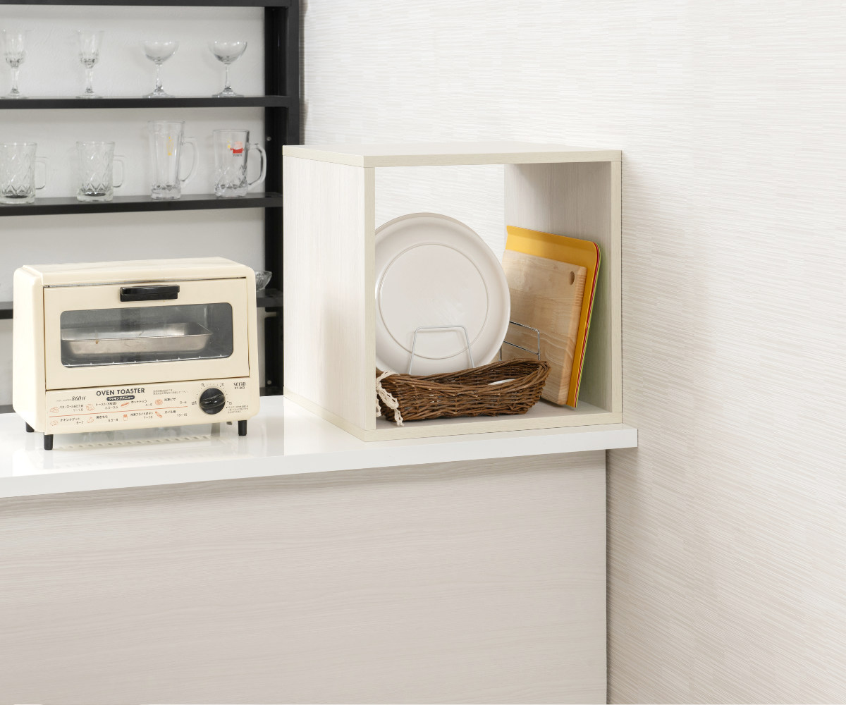 カウンター上ラック 幅39cm オープンタイプ ( 収納ボックス 組み合わせ A4対応 棚 ラック BOX 扉なし 木目調 シェルフ 収納 飾り棚 ディスプレイラック 多目的ラック ホワイトウォッシュ )