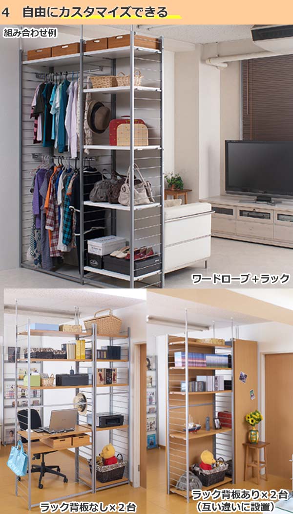 突っ張り 間仕切りワードローブ 連結用 幅88cm 背板付き 日本製 ( 突っ張りラック ハンガーラック ワードローブ ラック 間仕切り 収納 衣類 小物 突っ張りハンガーラック つっぱり 衣類収納 洋服 洋服掛け コートハンガー 連結 ) 【ホワイト】 ホワイト