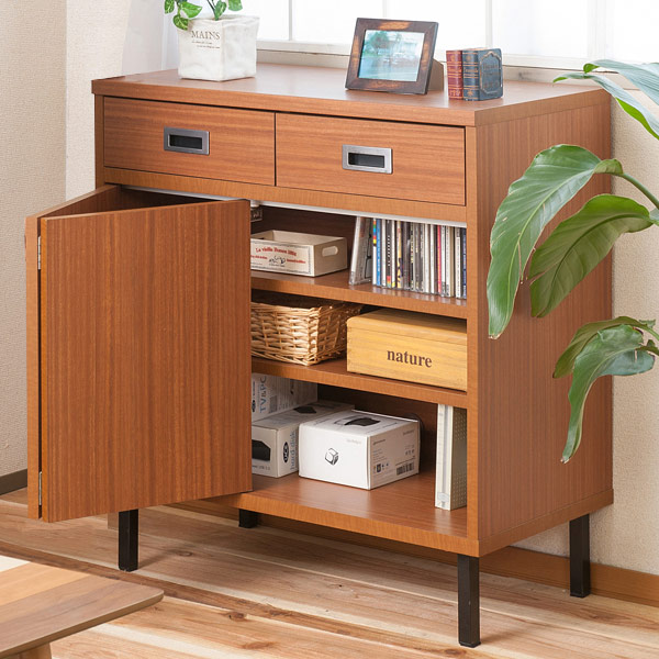 キャビネット 折れ戸タイプ スチール脚 アメリカンヴィンテージ 幅80cm ( ラック スクエア 収納棚 リビングボード 本棚 収納 リビング収納 小物整理 日本製 国産 完成品 折れ戸 引出 引き出し 引出し スライドレール )