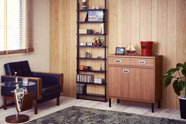 キャビネット 折れ戸タイプ スチール脚 アメリカンヴィンテージ 幅80cm ( ラック スクエア 収納棚 リビングボード 本棚 収納 リビング収納 小物整理 日本製 国産 完成品 折れ戸 引出 引き出し 引出し スライドレール )