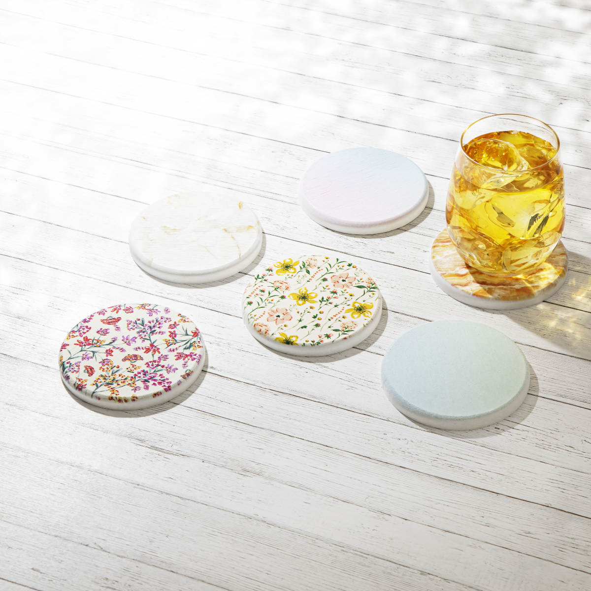 &NE ラバストーンコースター プリント ( 溶岩石 コースター ノンアスベスト アスベスト不使用 茶たく 茶托 グラスマット 丸 9cm 吸水 速乾 清潔 かわいい おしゃれ シンプル 無地 グラデ 花柄 大理石 テーブルウェア ) 【グラデイエロー】 グラデイエロー