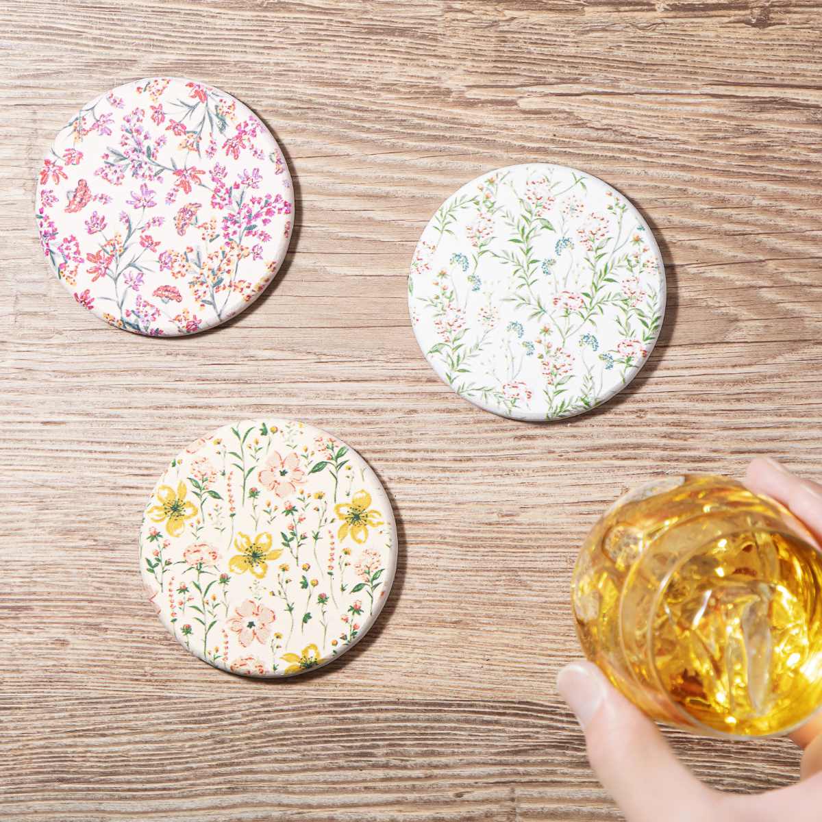 &NE ラバストーンコースター プリント ( 溶岩石 コースター ノンアスベスト アスベスト不使用 茶たく 茶托 グラスマット 丸 9cm 吸水 速乾 清潔 かわいい おしゃれ シンプル 無地 グラデ 花柄 大理石 テーブルウェア ) 【グラデイエロー】 グラデイエロー