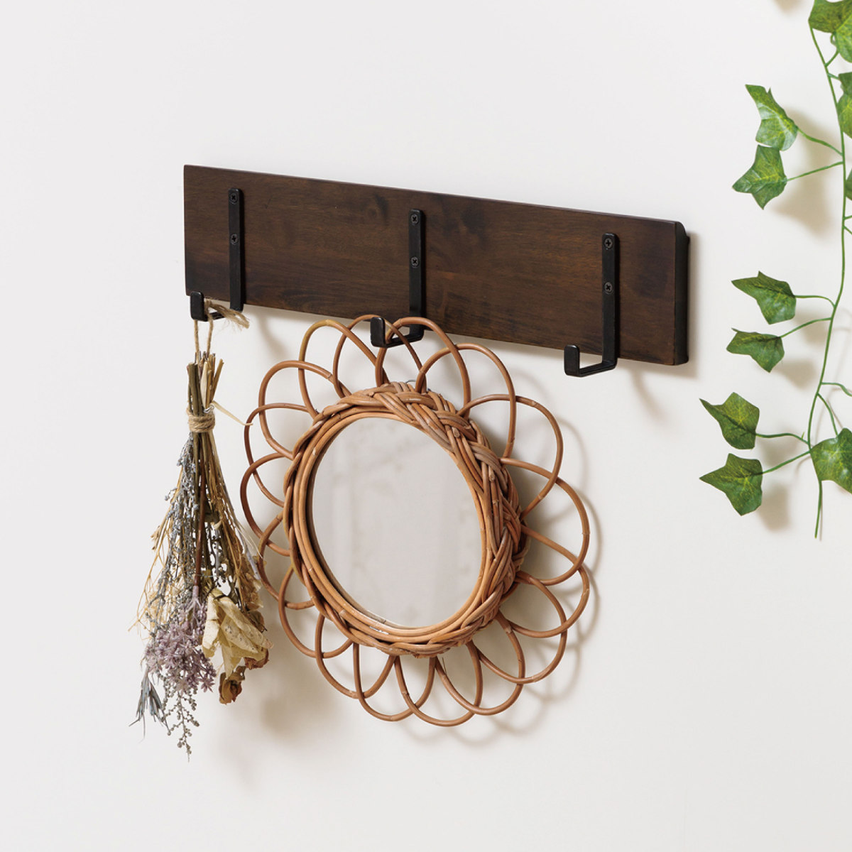 フック デコフック マグネット ウォールフック フック3連 壁掛け 幅38cm ( 収納 壁 ウォールハンガー 壁掛けハンガー 壁掛けフック ディスプレイ 壁面収納 壁付け 浮かせる収納 浮かせて 木製 キーフック ) 【ブラウン】 ブラウン