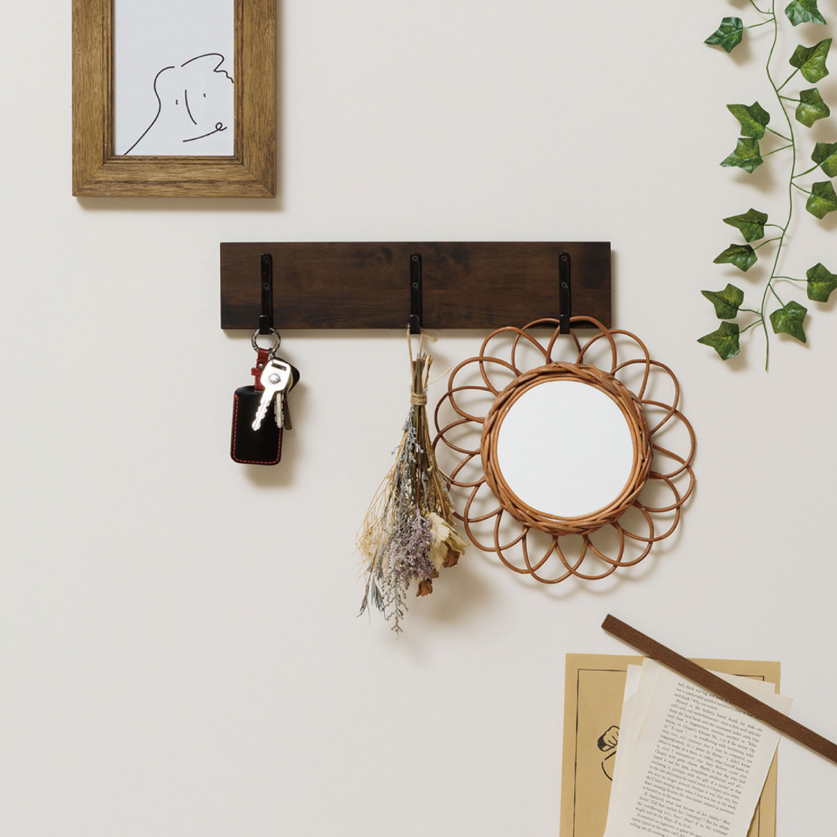 フック デコフック マグネット ウォールフック フック3連 壁掛け 幅38cm ( 収納 壁 ウォールハンガー 壁掛けハンガー 壁掛けフック ディスプレイ 壁面収納 壁付け 浮かせる収納 浮かせて 木製 キーフック ) 【ブラウン】 ブラウン