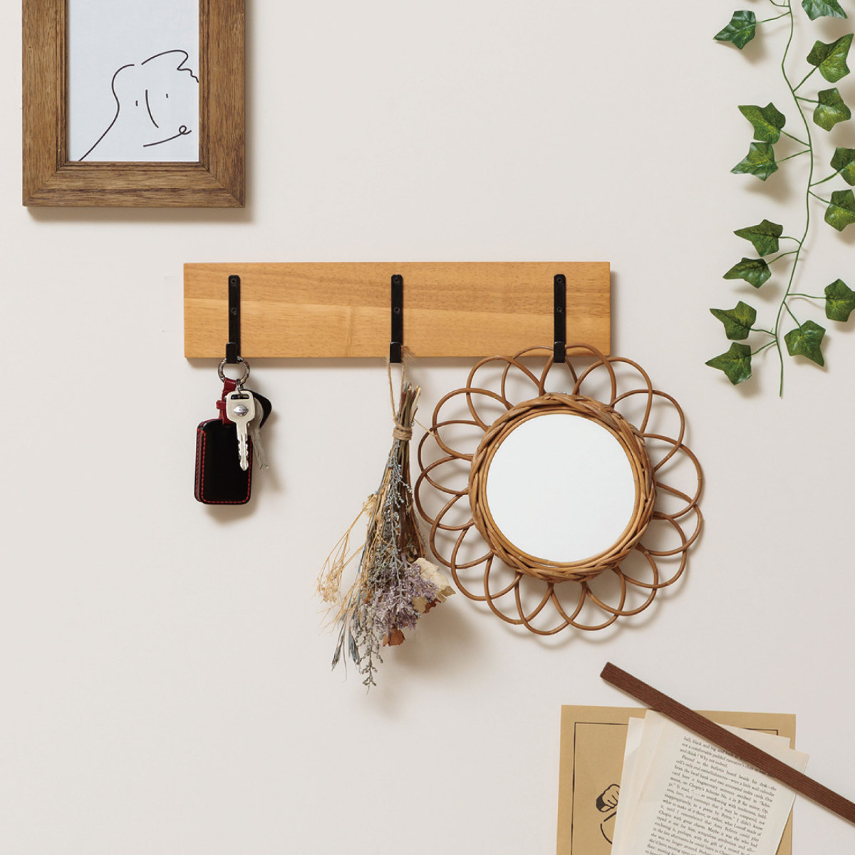 フック デコフック マグネット ウォールフック フック3連 壁掛け 幅38cm ( 収納 壁 ウォールハンガー 壁掛けハンガー 壁掛けフック ディスプレイ 壁面収納 壁付け 浮かせる収納 浮かせて 木製 キーフック ) 【ブラウン】 ブラウン