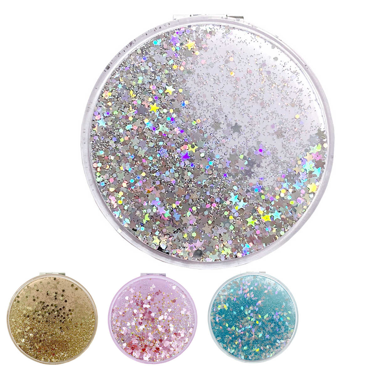 コンパクトミラー 手鏡 グリッターミラー 等倍鏡 拡大鏡 （ ミラー 鏡 小さい 携帯 コンパクト ハンドミラー メイク直し お直し おしゃれ かわいい 拡大鏡付き ダブルミラー 折りたたみ 持ち運び ラメ キラキラ グリッター ） 【シロ】