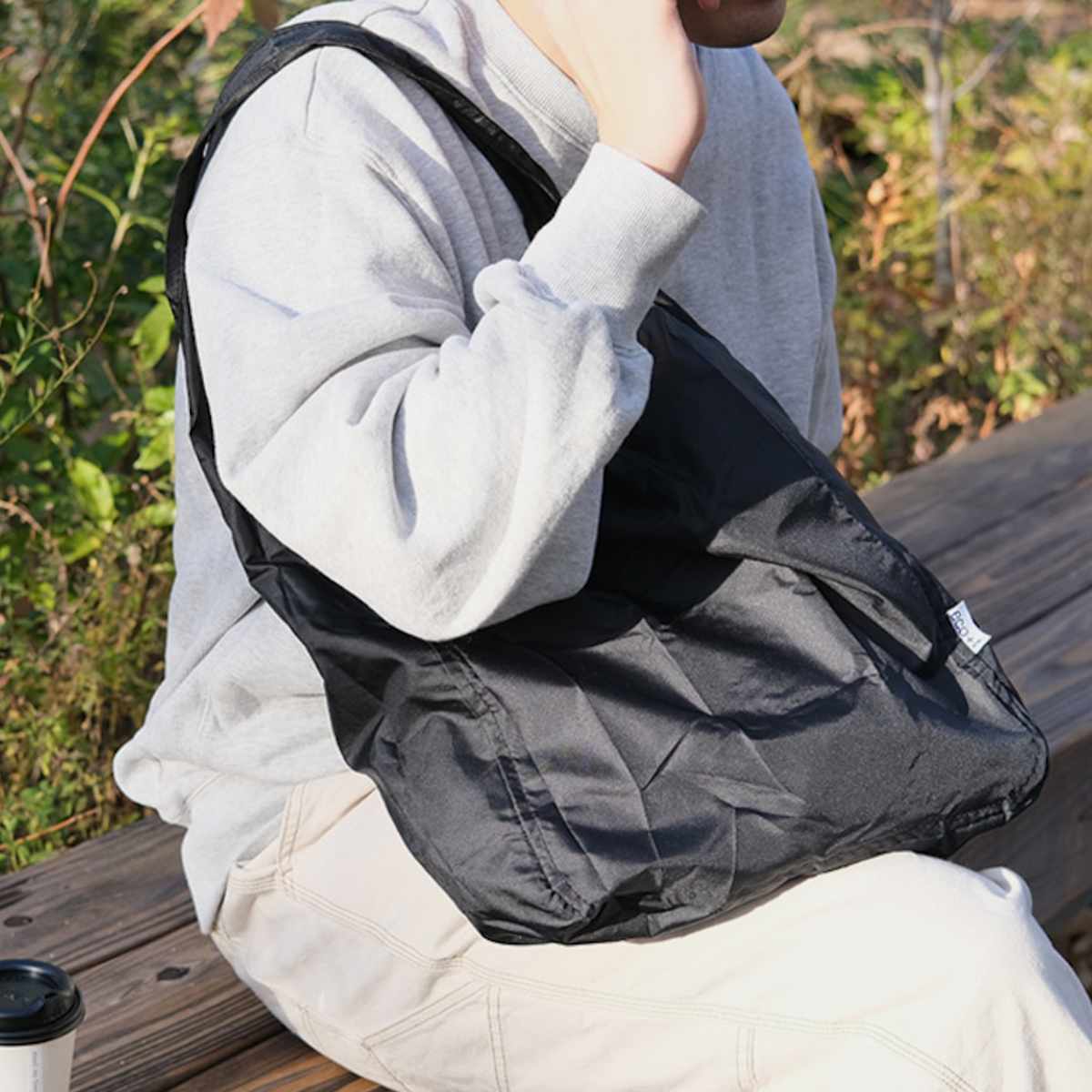 エコバッグ ET パッカブル ワンショルダー BAG コンパクト 紐付き ( マイバッグ トートバッグ 買い物バッグ レジ袋 レジバッグ 買い物袋 折りたたみ サブバッグ マルシェバッグ 肩掛け はっ水 軽量 おしゃれ カジュアル ) 【ブラック】 ブラック