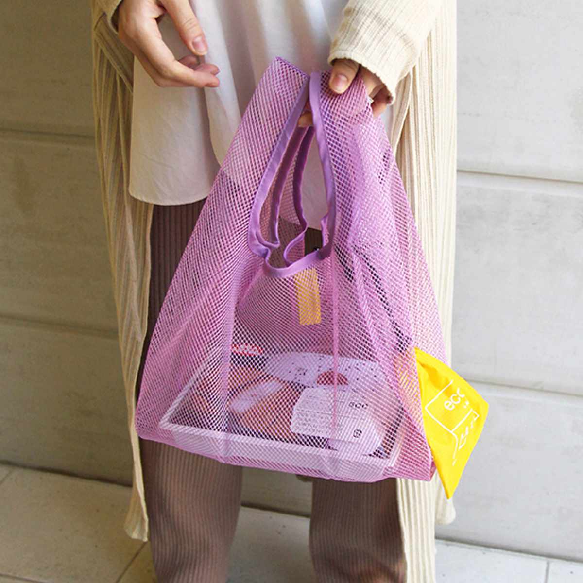 エコバッグ ET メッシュ BAG マチ付き 収納袋付き ( マイバッグ トートバッグ 買い物バッグ レジ袋 レジバッグ 買い物袋 折りたたみ サブバッグ マルシェバッグ メッシュトート コンビニ 弁当 軽量 カジュアル おもちゃ 公園 海 ) 【ベージュ】 ベージュ