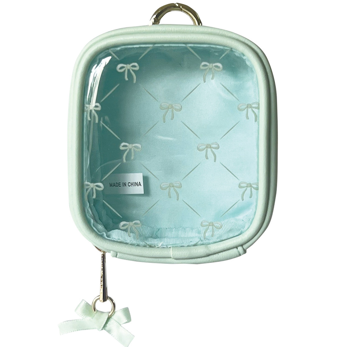 ポーチ リボン カラビナ クリアミニポーチ カラビナ付き ( 透明 ビニール ミニポーチ コスメ ぬいぐるみ 収納 持ち運び 収納ポーチ 小物入れ ビニールポーチ ぬいぐるみポーチ 小さめ キーホルダー バッグチャーム かわいい ) 【グリーン】 グリーン